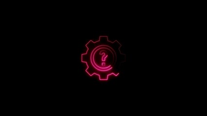 Glowing neon gear icon with question mark represents settings or support on black background