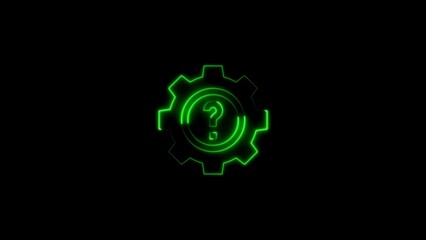 Glowing green neon question mark inside of a gear symbol on black background design