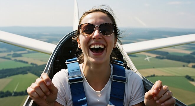 Joyful Woman Pilot Soaring High in a Glider Plane Over Lush Green Fields - Powered by Adobe