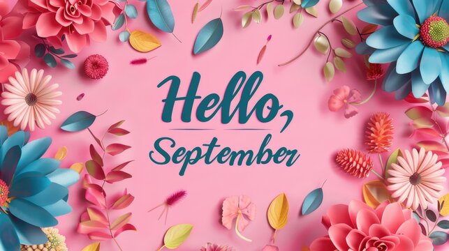 The inscription "Hello, September", decorated with bright autumn leaves and a butterfly on a pink background. Greetings to the autumn season. - Powered by Adobe