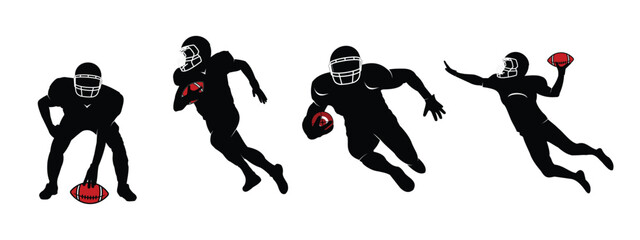 Design set of silhouettes of American football players holding rugby balls. Sports match. Editable vector eps 10.