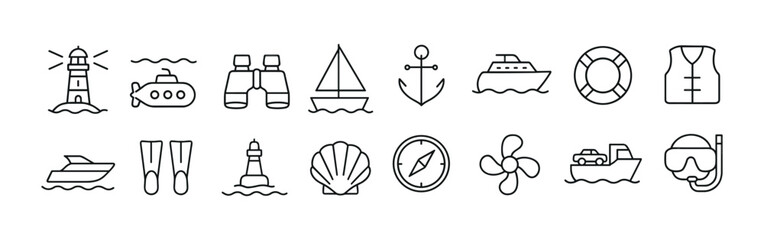 Nautical and Marine Line Art Icons Set - Essential Vector Collection for Sea Travel, Sailing, and Water Sports