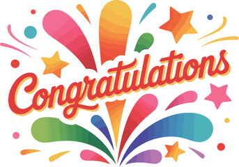 Bold congratulations text with colorful starburst and playful confetti accents on white backdrop, perfect for joyful achievements and events