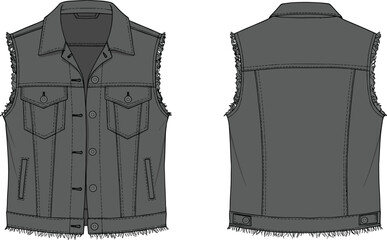 Men's denim vest flat sketch, sleeveless jacket, distressed ripped edges, chest pockets, button front closure, technical drawing, casual fashion, streetwear apparel, vector gray.