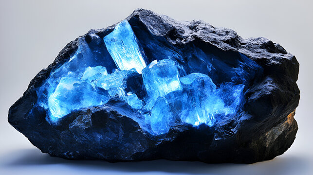 A rough dark rock hosts glowing blue crystals within its central cavity