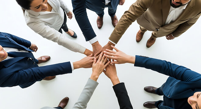 Top view of a diverse business team standing in a circle and stacking their hands together, symbolizing unity and collaboration.