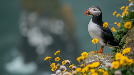Atlantic puffin perched on a cliff surrounded by wildflowers