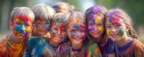 A group of children with colorful paint smeared on their faces smiling at camera