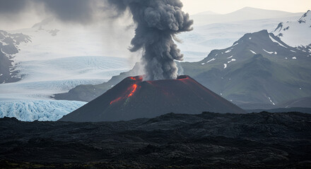 Dramatic volcanic eruption in Iceland landscape with mountains and glacier backdrop