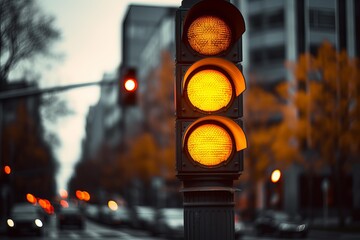Traffic light with amber signal on a busy city street