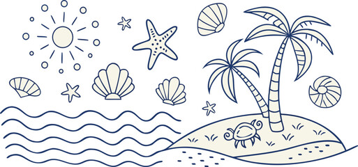 Tropical island scene with palm trees seashells and sun beach ocean
