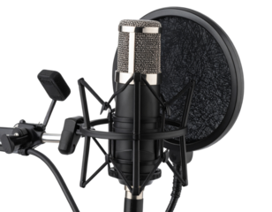 Front View of Studio Condenser Microphone with Pop Filter and Shock Mount on Boom Arm, Transparent Background
