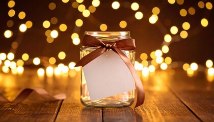 Glass Jar with Tag and Ribbon on Wooden Surface with Bokeh Lights