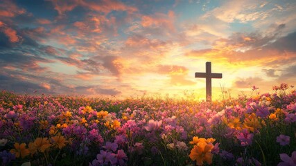 Colorful flower field with wooden cross at sunset under vibrant sky, peaceful spiritual landscape with warm glowing light and nature’s beauty illuminating blossoms and clouds