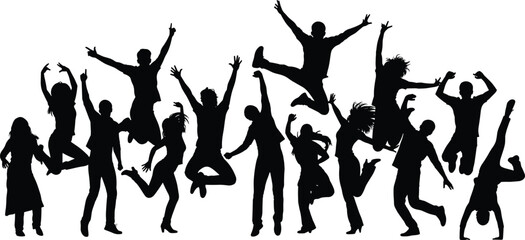 Group of diverse people dancing, silhouettes in dynamic poses, joyful celebration, party scene, energetic movement, unity, black background illustration