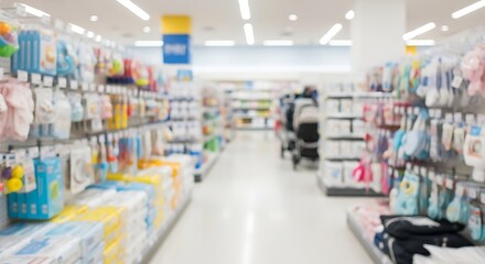 Fototapeta premium A brightly lit, blurred aisle in a store's baby department with various products.