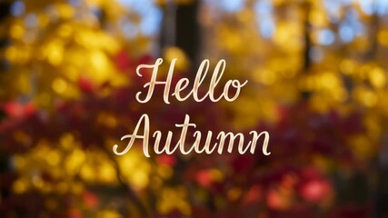Hello Autumn text over colorful soft focus fall bokeh background. Beautiful seasonal nature change concept. Scenic vibrant changing leaves footage. - Powered by Adobe