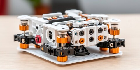 Fototapeta premium A close-up of a compact, modular drone frame with white, black, and orange components, designed for customization and durability on a wooden surface.