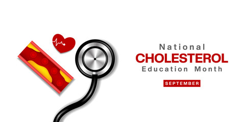 September is Cholesterol Education Month. Heart, cholesterol and stesthoscope. Great for posters, banners and social media. White background.