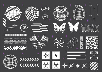 Y2k aesthetic set. Tattoo art signs of 2000s style. Y2k symbols, goth chain, heart, rose, flame, bow, snake, brass knuckles, mouth, star, cherry, blackthorn, smile. Vector tattoo line modern stickers