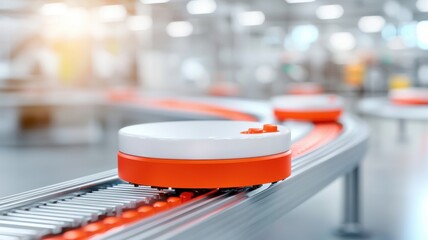 Automated orange and white robotic carriers move along a conveyor system in a modern, bright warehouse or factory setting.