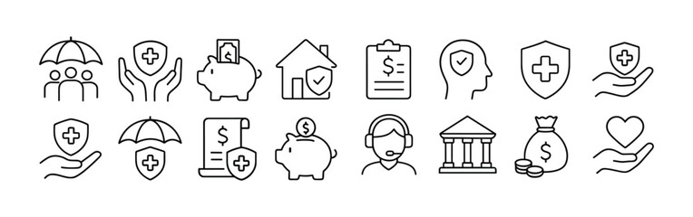 Comprehensive Insurance and Financial Protection Line Icons Set - Health, Home, Savings, and Customer Service Symbols