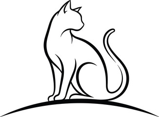 Minimalist cat silhouette illustration, elegant feline sitting pose, black line art drawing, abstract curved shape, white background, peaceful pet design