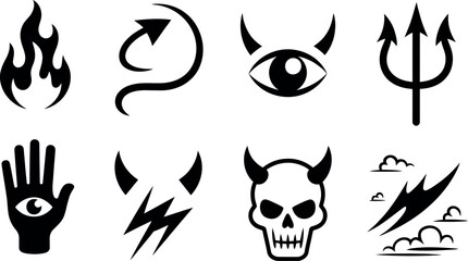 Vector evil icons: devil horns, fire, skull, trident, dark magic set
