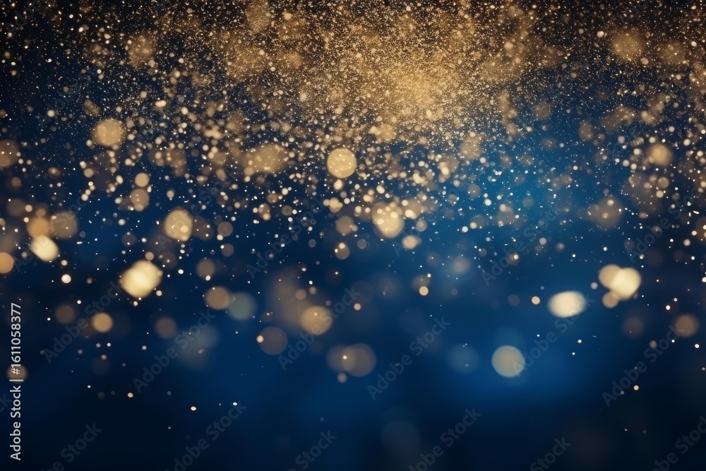 Poster golden particles falling and creating a bokeh effect on a blue background