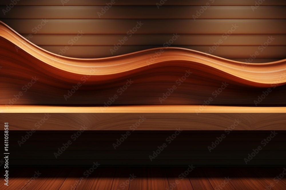 Poster empty wooden shelf with wavy backdrop illuminated by spotlights, creating an elegant and modern disp