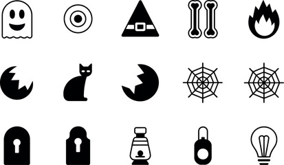 Spooky Halloween vector icons:  black glyph style, minimalist design.