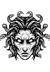 Obraz premium Fierce Symmetrical Mythical Creature's Head with Serpents, Ancient Woodcut Style Illustration in Clean Lines