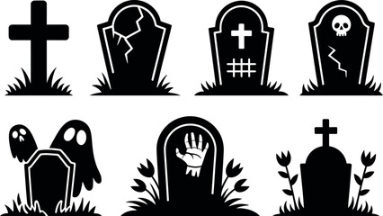 Spooky Halloween vector graveyard icons: gravestones, ghosts, cross.