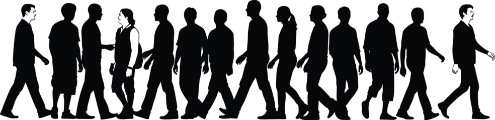 Silhouettes of diverse individuals walking, business and casual attire, white background isolation, movement, unity, diversity, human figures, crowd representation