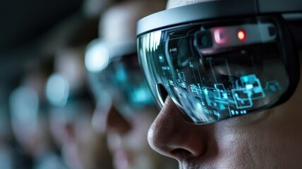engineer mechanics optimization Concept. Futuristic close-up of individuals wearing augmented reality glasses with digital displays.