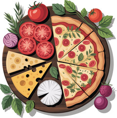 Tasty salami pizza variations with cheese tomato and vegetables illustration