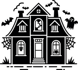 Spooky Halloween vector haunted house illustration: black silhouette