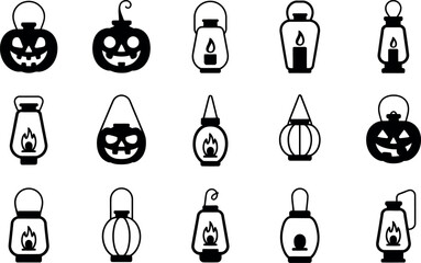 Spooky Halloween vector icons: Jack-o'-lanterns and lanterns.