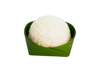 steamed white rice, banana leaf container, thai food, organic, natural, traditional, green cup, sticky rice, asian cuisine, biodegradable packaging, thai cooking ingredie