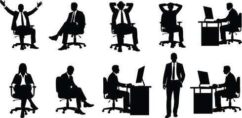 Silhouettes of office professionals working, standing, and sitting at desks and computers, corporate teamwork scene, business poses, career focus