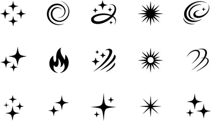 Vector sparkle and shine icons:  bright, minimalist, black design.