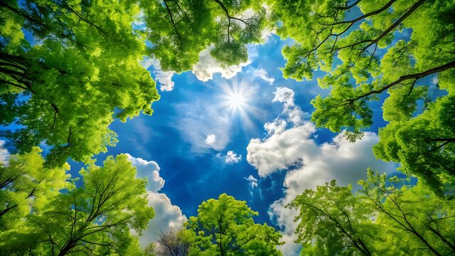Looking Up Through Green Trees to a Bright Blue Sky and Clouds