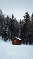 Vibrant photo of small Wooden Cabin in Snowy Winter Landscape.