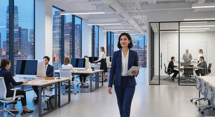 Fototapeta premium A professional woman in a business suit walks with a tablet alongside large windows offering a cityscape view. The open-plan office includes other employees at desks and in meetings in the background.