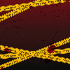 Bloody crime scene background with yellow caution tape, horror theme, scary thriller backdrop, grunge texture, spooky illustration.