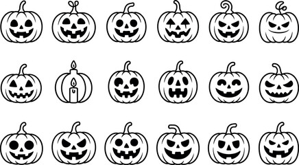 Halloween Vector:  Collection of Cute and Spooky Jack-o'-Lantern Pumpkins