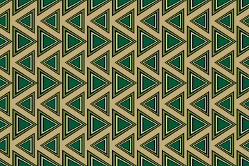 Seamless geometric triangle pattern in green and tan with bold black outlines perfect for fabric, digital prints, wallpapers, or tribal-inspired graphic design projects.