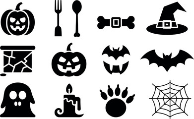 Spooky Halloween vector icons: pumpkins, bats, and witch hat