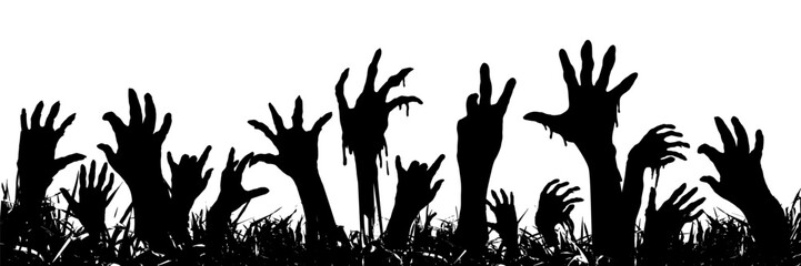 Walking dead and zombie rising up hands silhouettes. Vector isolated border. Decoration elements for halloween design.