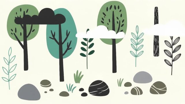 Stylized woodland scene with trees, clouds, rocks, leaves on a white background - Powered by Adobe